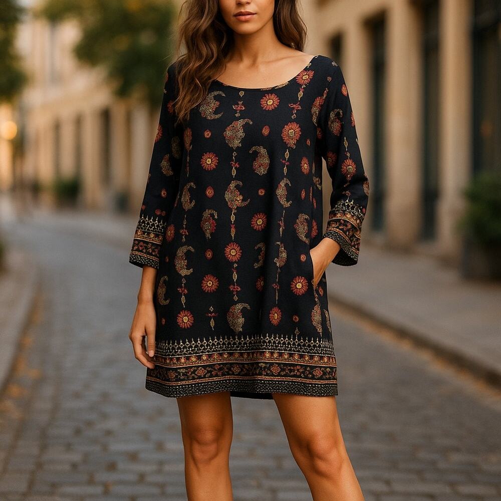 Gibiu Womens Dress Sz S Black Paisley Print Shift 3/4 Sleeve NEW - Picture 2 of 10